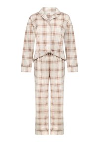 Geruit pyjama set met een kraag en knopen, inclusief lange broeken, in beige en bruine tinten met een zachte, gestructureerde stof.