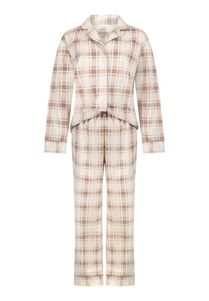 Rutig pyjamas-set bestående av en kragad skjorta med knappar och långa byxor, i beige och bruna nyanser med en mjuk, texturerad tyg.