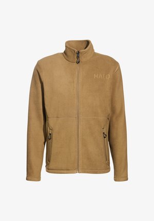 Beżowa polarowa kurtka z wysokim kołnierzem, zamek błyskawiczny, dwie boczne kieszenie oraz subtelne logo "HALO" na klatce piersiowej. Miękka tekstura i swobodny fason.