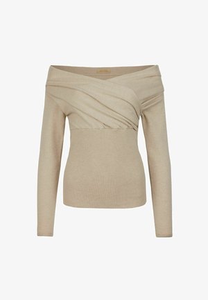 Beżowy sweter bez ramion z długimi rękawami, z teksturowanym, drapowanym wzorem na klatce piersiowej oraz dopasowanym, prążkowanym dolnym fragmentem.