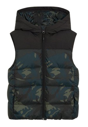 Bezrekawnik pikowany z kapturem, czarna górna część i dolna część w ciemnozielony wzór kamuflażu, zapięcie na zamek błyskawiczny na przodzie.