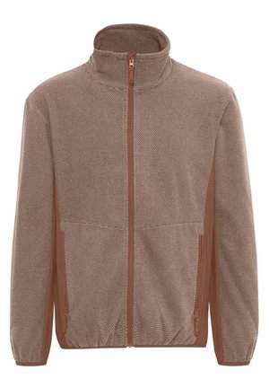 Pruun tõmblukuga jakk tekstuuriga kangast, kõrge kraega ja küljetaskutega. Omab kontrastseid pruuni aktsente tõmbluku ja õmbluste ääres.