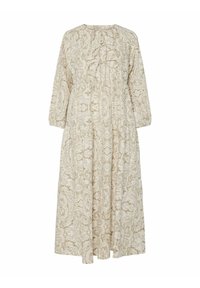 Lange, lichtbeige jurk met een bloemenpatroon, ruches bij de halslijn en lange mouwen. Heeft een vloeiende silhout en geplooide lagen.