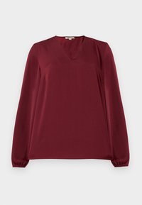 Burgunderfarget bluse med lange ermer og V-hals, med rynkede mansjetter, glatt tekstur og avslappet passform. Enkelt, minimalistisk design.