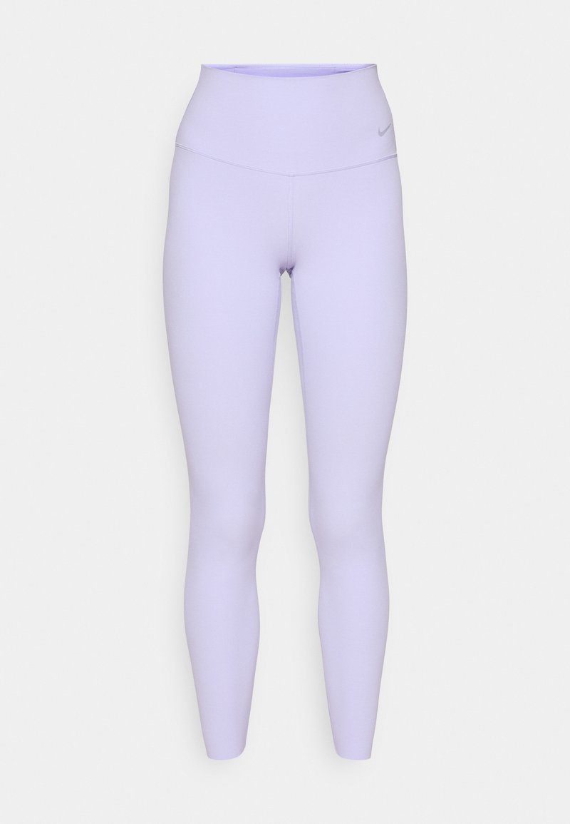 Lila wysokie legginsy z gładkiego, elastycznego materiału oraz logo Nike na pasie, zaprojektowane z myślą o komforcie i swobodzie ruchów.