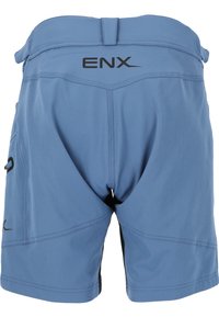 Blaue Shorts mit glatter Textur, ausgestattet mit einem schwarzen "ENX"-Logo auf der Rückseite, seitlichen Taschen und einem sportlichen Design mit kontrastierenden Akzenten.