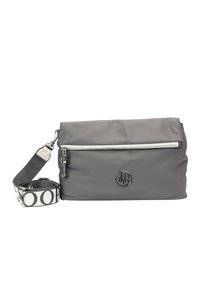 Gray nylon crossbody bag with a zippered front pocket, featuring a logo and adjustable strap with a patterned accent. Smooth texture.