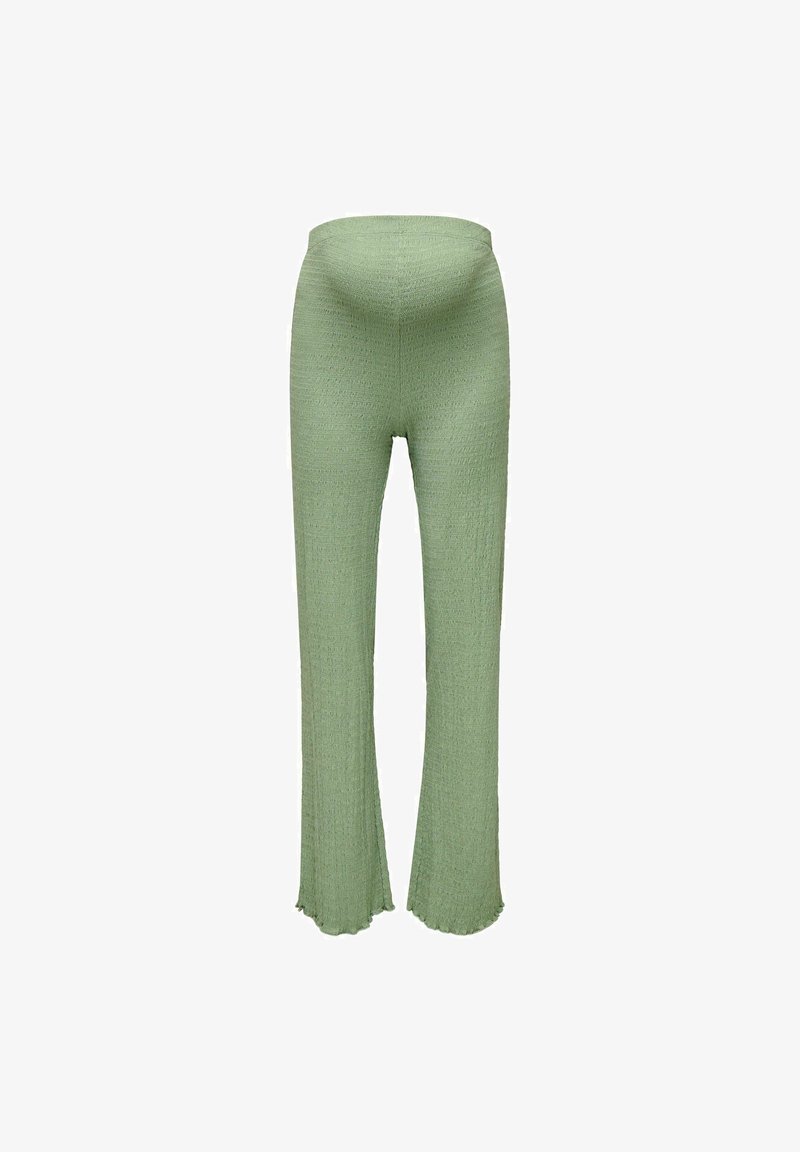 Pantalon en tricot texturé vert avec une taille ajustée et des ouvertures de jambe évasées, présentant un motif à côtes subtil et des détails d'ourlet effilochés.