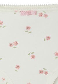 Baumwollunterwäsche mit einem weißen Hintergrund, verziert mit einem floralen Muster in Pink und Grün. Akzentuiert mit einer kleinen rosa Schleife und Spitzenbesatz.