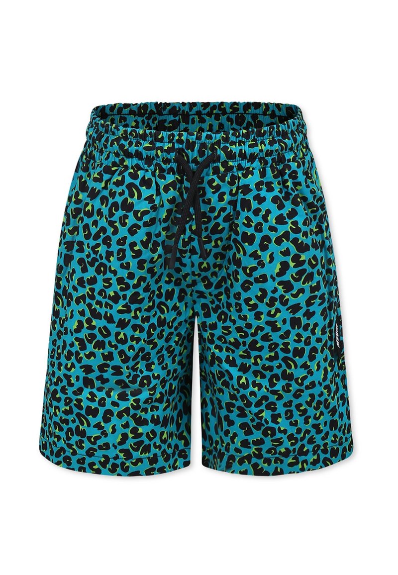 Costume da bagno multicolore con base turchese e macchie di leopardo nere e verdi, dotato di una cintura elastica e cordoncino regolabile.