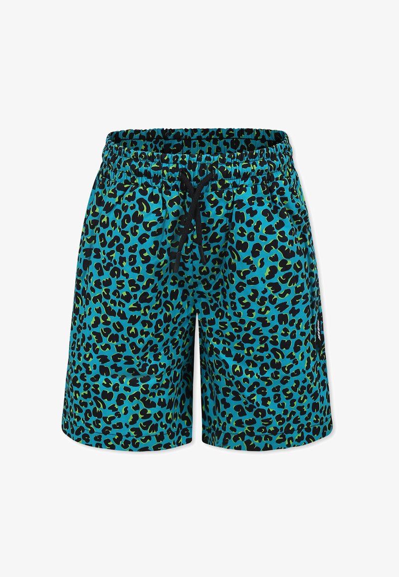 Costume da bagno multicolore con base turchese e macchie di leopardo nere e verdi, dotato di una cintura elastica e cordoncino regolabile.