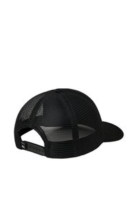 Black mesh cap with a solid front panel and curved visor. Features adjustable strap at the back for fit. Translucent mesh side panels.