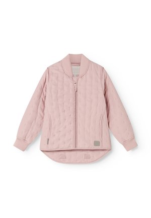 Veste matelassée rose clair à manches longues, fermeture éclair devant, poignets côtelés et ourlet arrondi plus long à l'arrière.
