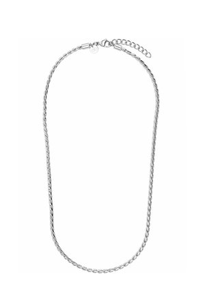 Silver twisted rope chain necklace with lobster clasp and adjustable extension chain on a white background.