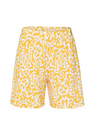 Gele katoenen shorts met een wit abstract patroon, elastische tailleband en een relaxte pasvorm. De textuur is glad en zacht.