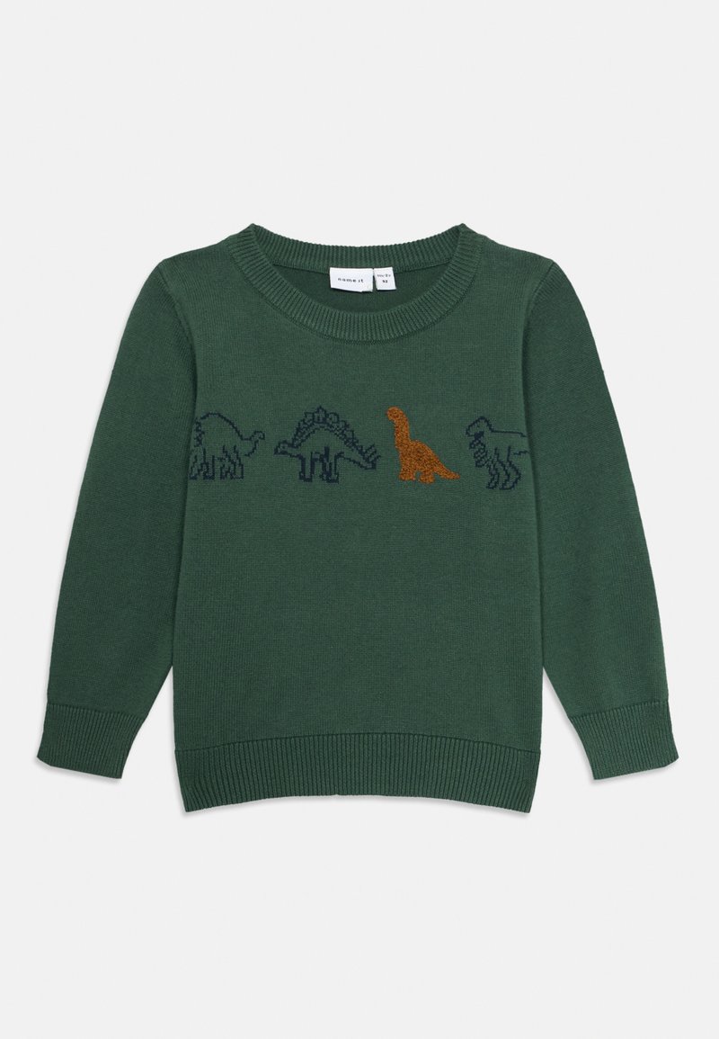 Suéter verde de malha com decote redondo e punhos canelados, com motivos de dinossauros coloridos bordados na parte da frente.