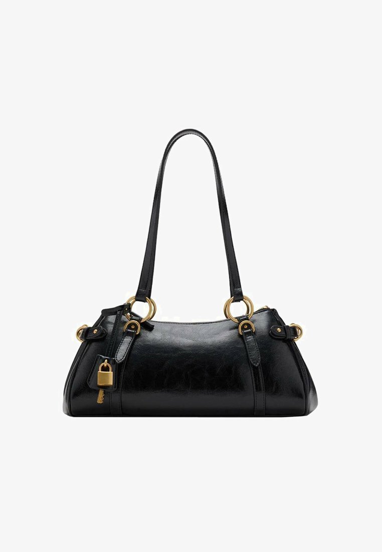 Bolso de mano de cuero negro con textura suave, forma redondeada, acentos de herrajes dorados y dobles asas. Presenta un candado decorativo en el lateral.