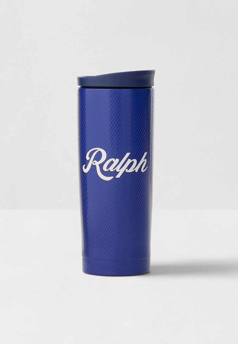 Blue travel mug with a textured finish, featuring a ribbed design and a navy lid. "Ralph" is printed in white cursive on the front.
