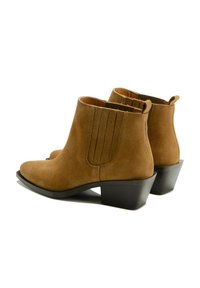Bottines en suède marron avec un bout légèrement pointu et un talon carré. Présente des coutures verticales sur les côtés et une languette à l'arrière.