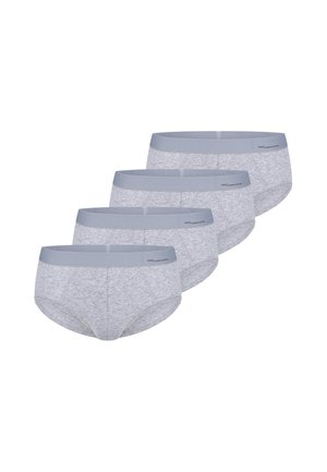 Quattro slip da uomo grigio chiaro con elastico grigio in vita disposti in fila sfalsata su sfondo bianco.