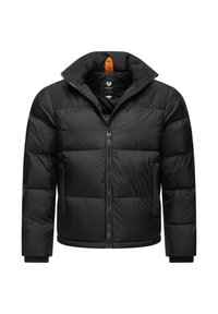 Juodas pūkinis džemperis su užtrauktuku priekyje, aukštu apykakle, raukšlėtomis rankovėmis ir kontrastinga oranžine detalė prie apykaklės gale.