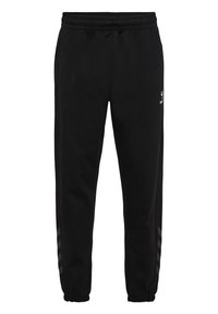 Pantalones de chándal negros con cinturilla elástica, puños acanalados y tres rayas verticales grises a lo largo del costado. Fabricados con una tela suave y transpirable.