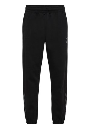 Zwarte sweatpants met een elastische tailleband, geribde boorden en drie verticale grijze strepen aan de zijkant. Gemaakt van zacht, ademend materiaal.