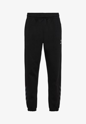 Black sweatpants featuring an elastic waistband, ribbed cuffs, and three vertical gray stripes along the side. Made from soft, breathable fabric.