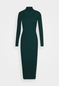 Robe en maille côtelée vert foncé avec manches longues et col montant, présentant une silhouette moulante atteignant le milieu du mollet.