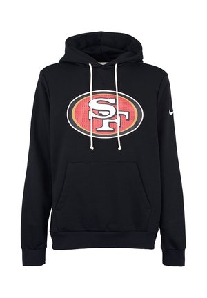 Schwarzer Hoodie mit Kängurutasche, weißen Kordeln und einem runden roten und goldenen SF-Logo auf der Brust. Hergestellt aus weichem, atmungsaktivem Material.