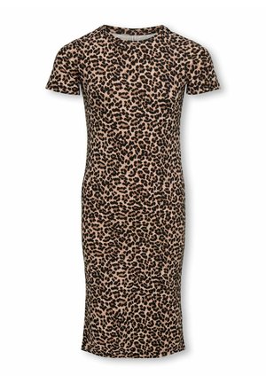Leopardprint kjole med en tætsiddende pasform, korte ærmer, rund halsudskæring og knælang afslutning lavet af blød, strækbar stof.