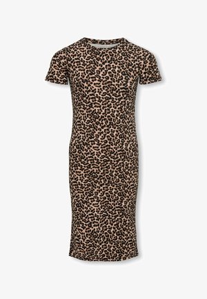 Lietussargu apdruka kleita ar pielāgotu dizainu, īsām piedurknēm, apaļu kaklu un ceļgala garuma apakšmalu, izgatavota no mīksta, elastīga auduma.