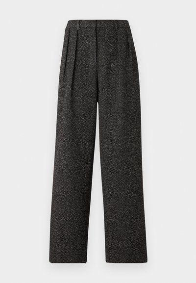 Dark gray trousers with a textured finish, featuring front pleats and a straight-leg design, providing a relaxed fit and clean lines.