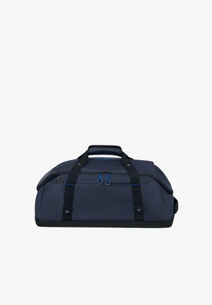 Borsa da viaggio morbida blu scuro con manici neri, tasca frontale con cerniera e cursori blu, e fondo rinforzato.