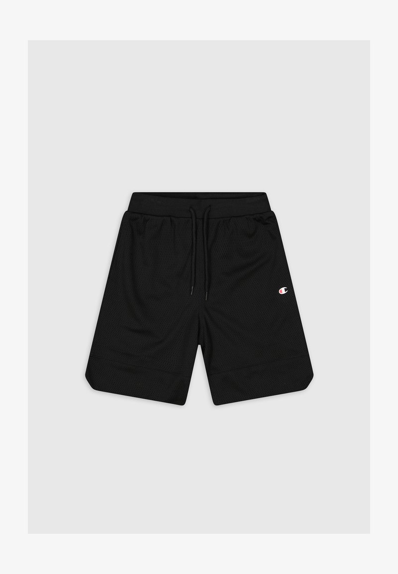Shorts de sport noirs en tissu mesh respirant, avec une taille à cordon de serrage et un petit logo en bas à gauche. Ourlet plat.