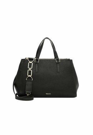 Czarna torebka ze skóry o fakturze z dwoma uchwytami, odpinanym paskiem na ramię z metalowymi ogniwami oraz małym metalowym logo z przodu.