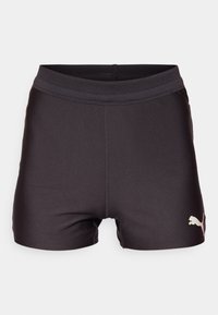 Crne atletske kratke hlače od glatkog, rastezljivog materijala, s mrežastim pojasom i zlatnim Puma logom na donjem lijevom dijelu.
