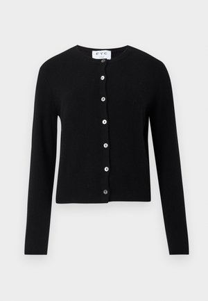 Black cardigan made of soft fabric, featuring a round neckline, long sleeves, and a button-down front with white buttons.
