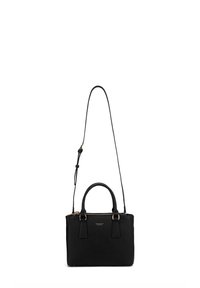 Zwarte handtas met twee bovenhandvatten en een afneembare schouderriem. Heeft een gestructureerde afwerking en accenten van goudkleurige hardware.