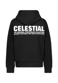 Black hooded sweatshirt featuring bold white text on the back: “CELESTIAL” and “THE ORIGINAL STREETWEAR COLLECTION.” Clean design, casual fit.
