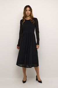 Robe noire à manches longues avec un corsage ajusté et une jupe fluide, en tissu léger ; manches transparentes et encolure ras du cou. Talons noirs.