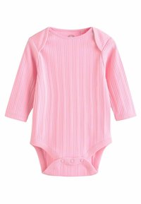 Långärmad rosa body i ribbat material, med rund hals, tryckknappstängning i botten och en mjuk textur.