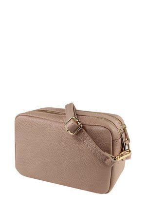 Rectangular light beige leather bag with a textured finish, dual zippers on top, and a detachable gold-tone strap.
