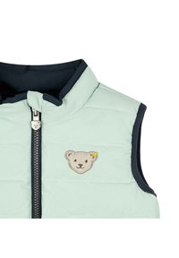 Gilet imbottito verde chiaro con colletto blu navy, caratterizzato da un ricamo a forma di faccia d'orso sul petto e una cerniera frontale. Design a quadri testurizzati.