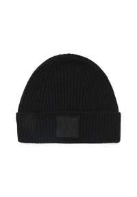 Black ribbed knit beanie with a folded cuff, featuring a textured logo patch on the front. Soft material with a snug fit.