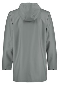 Grå vattentät jacka med huva, med en slät textur och långa ärmar, designad med knappstängningar vid ärmsluten.
