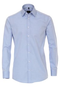 Light blue dress shirt made of smooth fabric, featuring a classic collar, long sleeves, and button placket. No patterns or accents visible.
