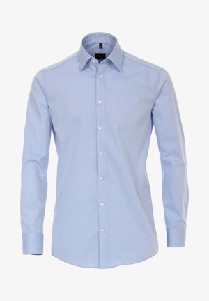 Light blue dress shirt made of smooth fabric, featuring a classic collar, long sleeves, and button placket. No patterns or accents visible.
