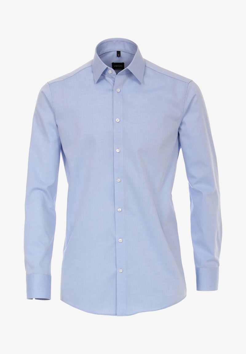 Light blue dress shirt made of smooth fabric, featuring a classic collar, long sleeves, and button placket. No patterns or accents visible.