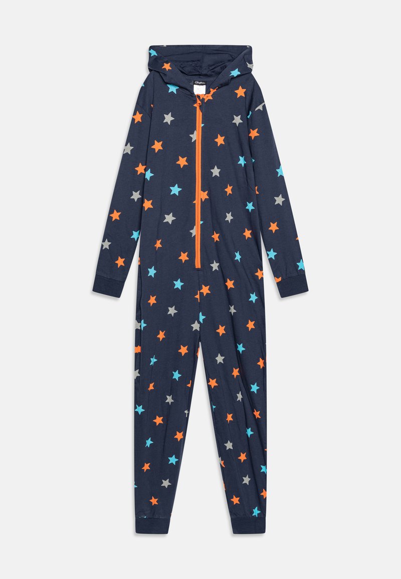 Navy onesie with hood, full zip closure, and multicolored star pattern in orange, blue, and gray, featuring long sleeves and elastic cuffs.